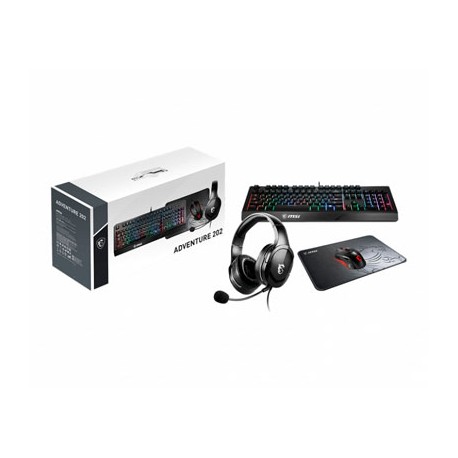 KIT GAMER MSI ADVENTURE 202, TECLADO, RATON, AUDÍFONOS, MOUSEPAD, ALAMBRICO, USB, NEGRO, INGLES